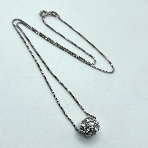 VTG Sterling Silver & Cz Crystal Sparkle Ball Affixed Pendant 16” - Picture 7 of 8
